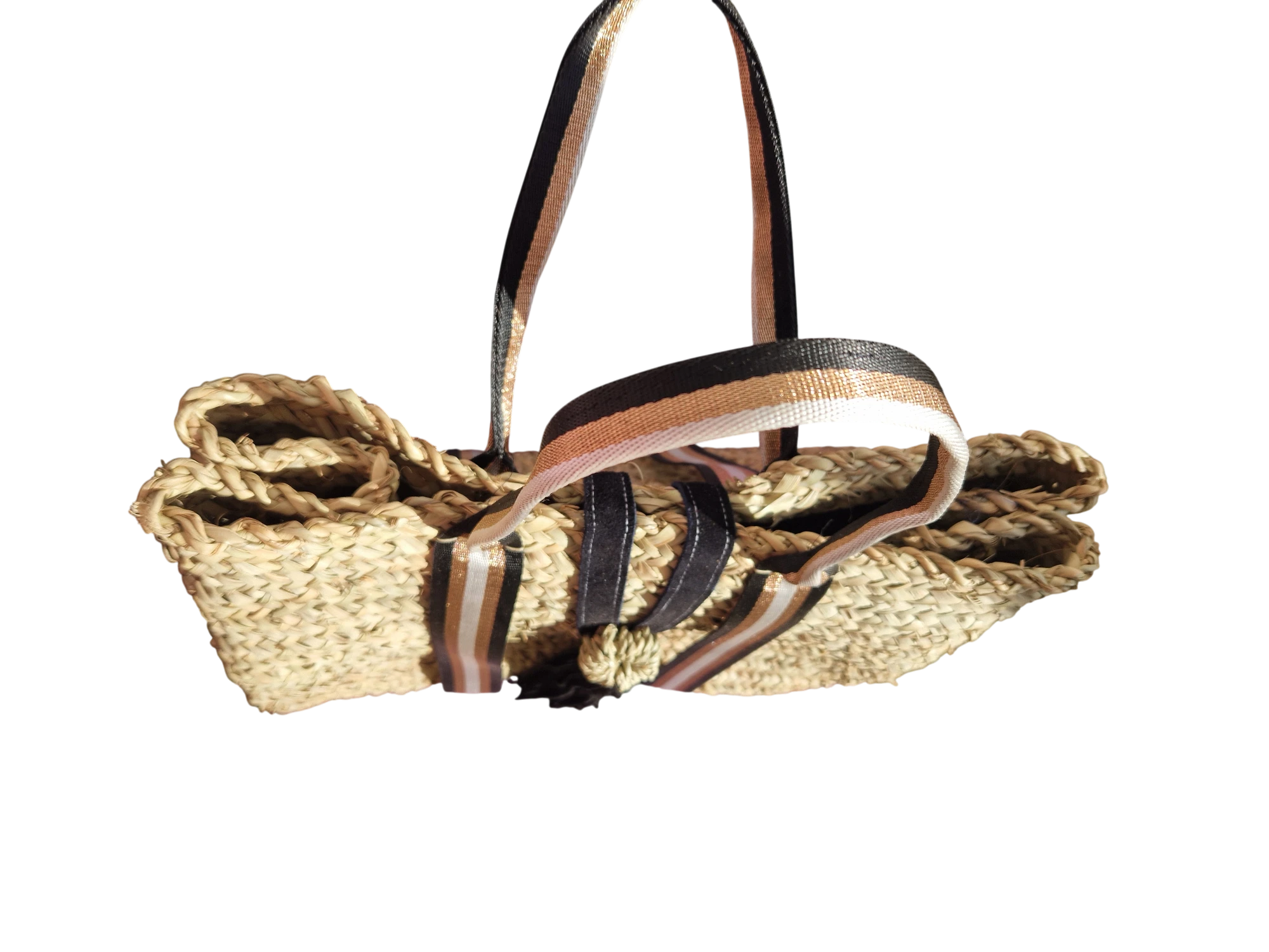Sac Cabas en Palmier – Sangles Noir Or et Blanc & Pompon Cuir, tressé à la main, pour un style chic bohème, artisanat marocain