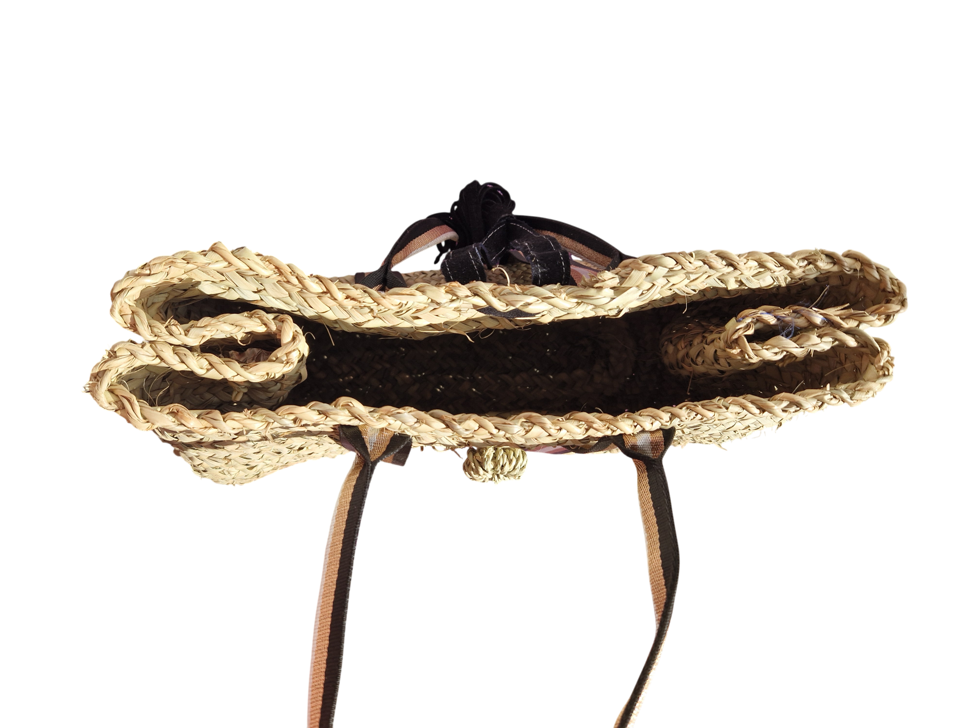 Sac Cabas en Palmier – Sangles Noir Or et Blanc & Pompon Cuir, tressé à la main, pour un style chic bohème, artisanat marocain