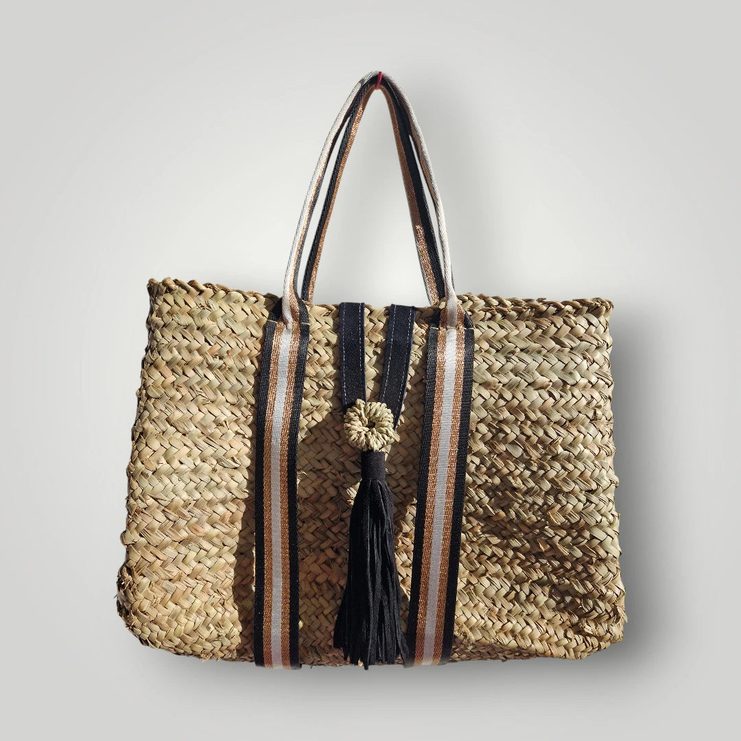 Sac Cabas en Palmier – Sangles Noir Or et Blanc & Pompon Cuir, tressé à la main, pour un style chic bohème, artisanat marocain
