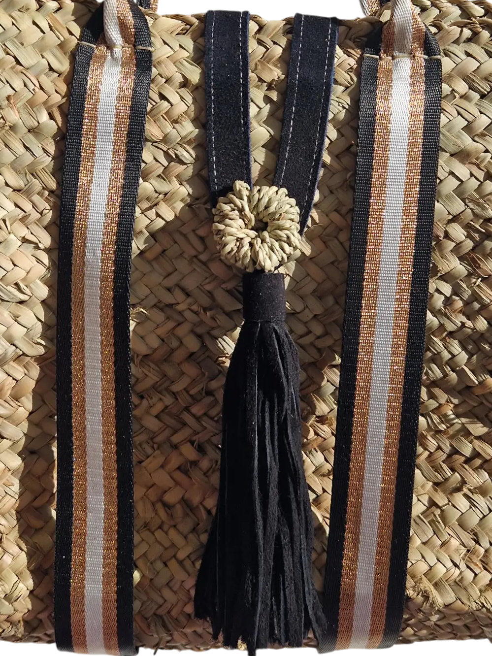 Sac Cabas en Palmier – Sangles Noir Or et Blanc & Pompon Cuir, tressé à la main, pour un style chic bohème, artisanat marocain