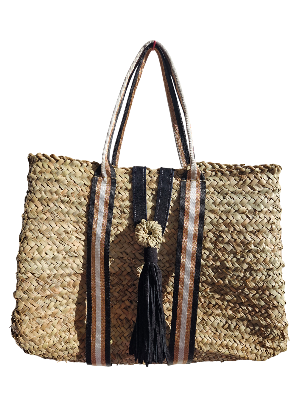 Sac Cabas en Palmier – Sangles Noir Or et Blanc & Pompon Cuir, tressé à la main, pour un style chic bohème, artisanat marocain