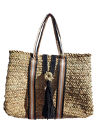 Sac Cabas en Palmier – Sangles Noir Or et Blanc & Pompon Cuir, tressé à la main, pour un style chic bohème, artisanat marocain