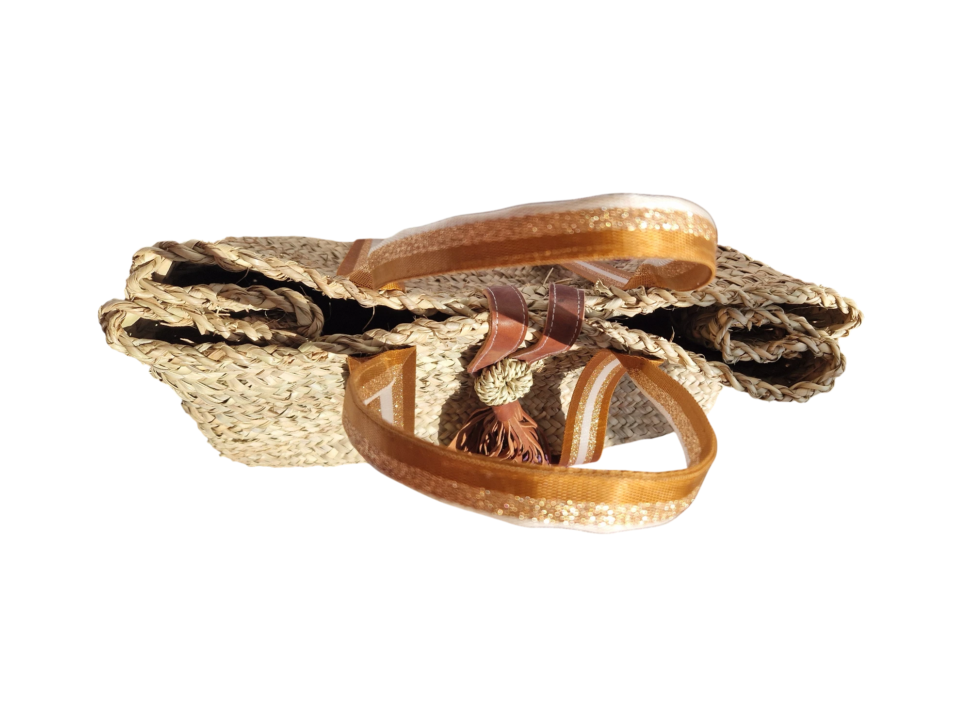 Sac Cabas en Palmier – Sangles Rouille Or et Blanc & Pompon Cuir, tressé à la main, pour un style chic bohème, artisanat marocain