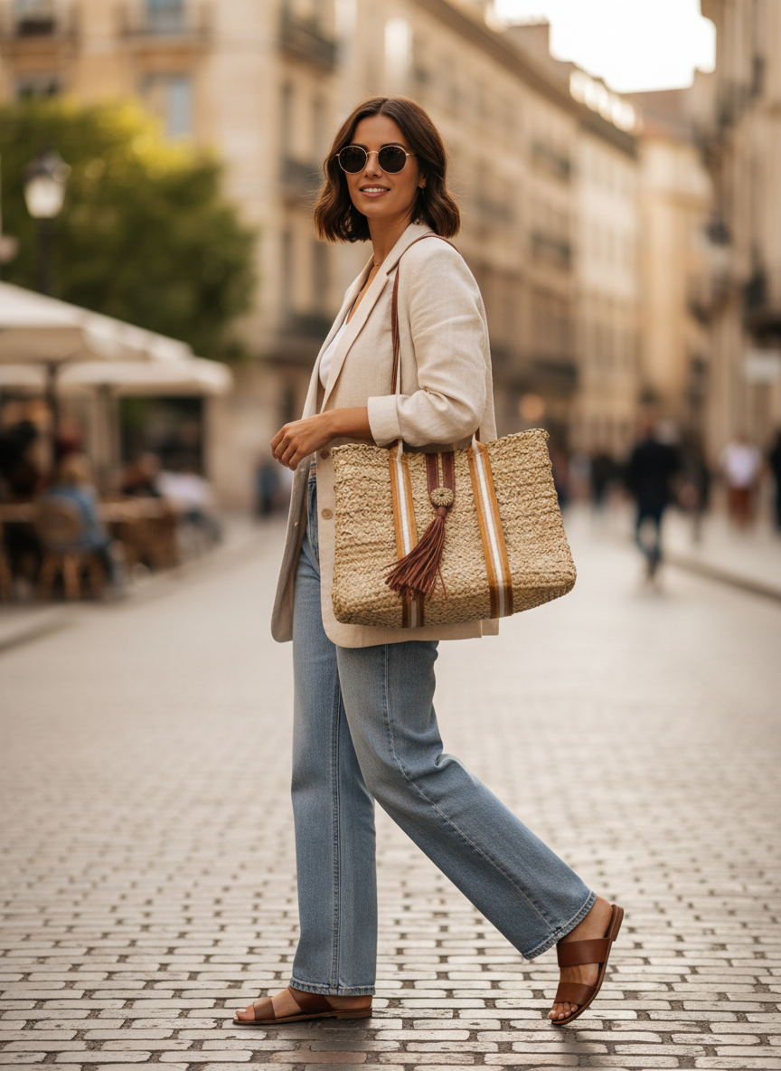 Sac Cabas en Palmier – Sangles Rouille Or et Blanc & Pompon Cuir, tressé à la main, pour un style chic bohème, artisanat marocain