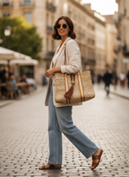 Sac Cabas en Palmier – Sangles Rouille Or et Blanc & Pompon Cuir, tressé à la main, pour un style chic bohème, artisanat marocain