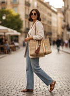 Sac Cabas en Palmier – Sangles Rouille Or et Blanc & Pompon Cuir, tressé à la main, pour un style chic bohème, artisanat marocain