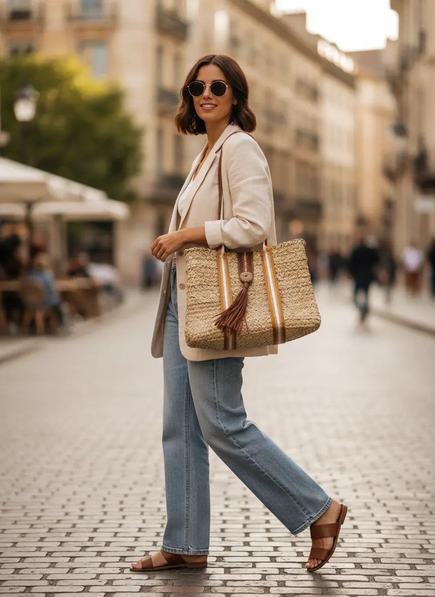 Sac Cabas en Palmier – Sangles Rouille Or et Blanc & Pompon Cuir, tressé à la main, pour un style chic bohème, artisanat marocain