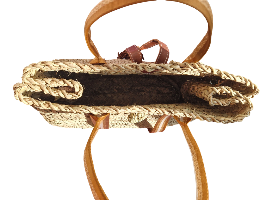 Sac Cabas en Palmier – Sangles Rouille Or et Blanc & Pompon Cuir, tressé à la main, pour un style chic bohème, artisanat marocain