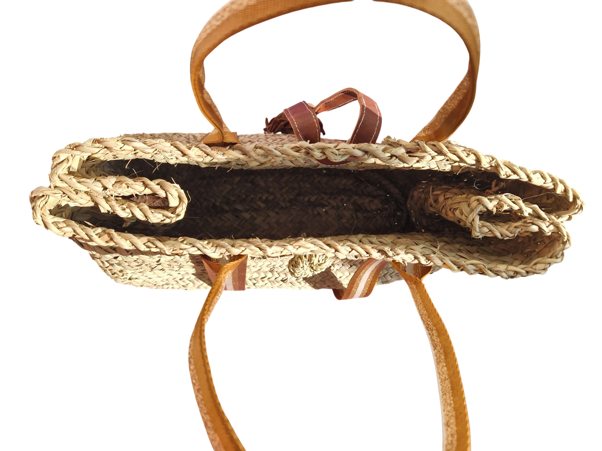 Sac Cabas en Palmier – Sangles Rouille Or et Blanc & Pompon Cuir, tressé à la main, pour un style chic bohème, artisanat marocain