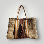 Sac Cabas en Palmier – Sangles Rouille Or et Blanc & Pompon Cuir, tressé à la main, pour un style chic bohème, artisanat marocain
