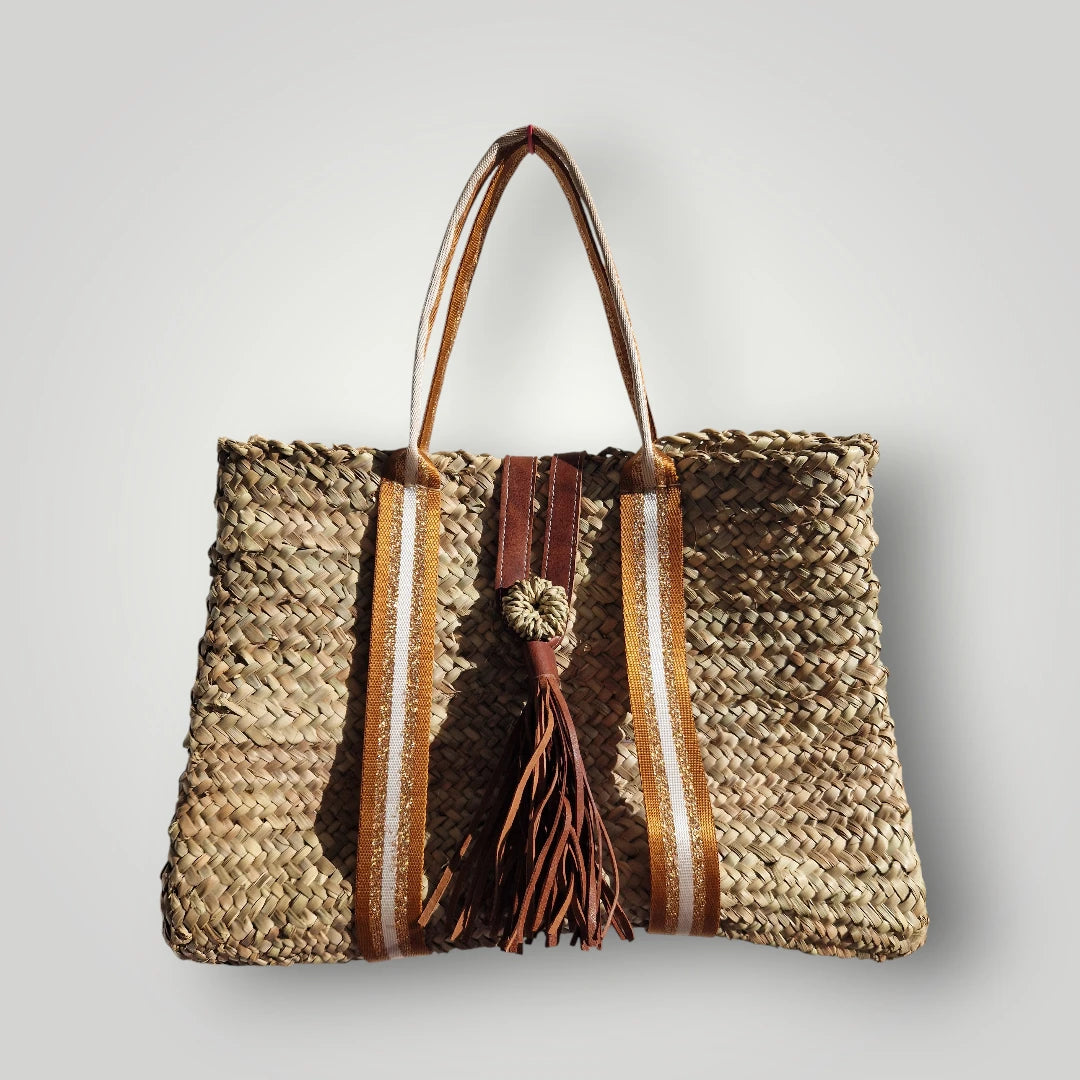 Sac Cabas en Palmier – Sangles Rouille Or et Blanc & Pompon Cuir, tressé à la main, pour un style chic bohème, artisanat marocain
