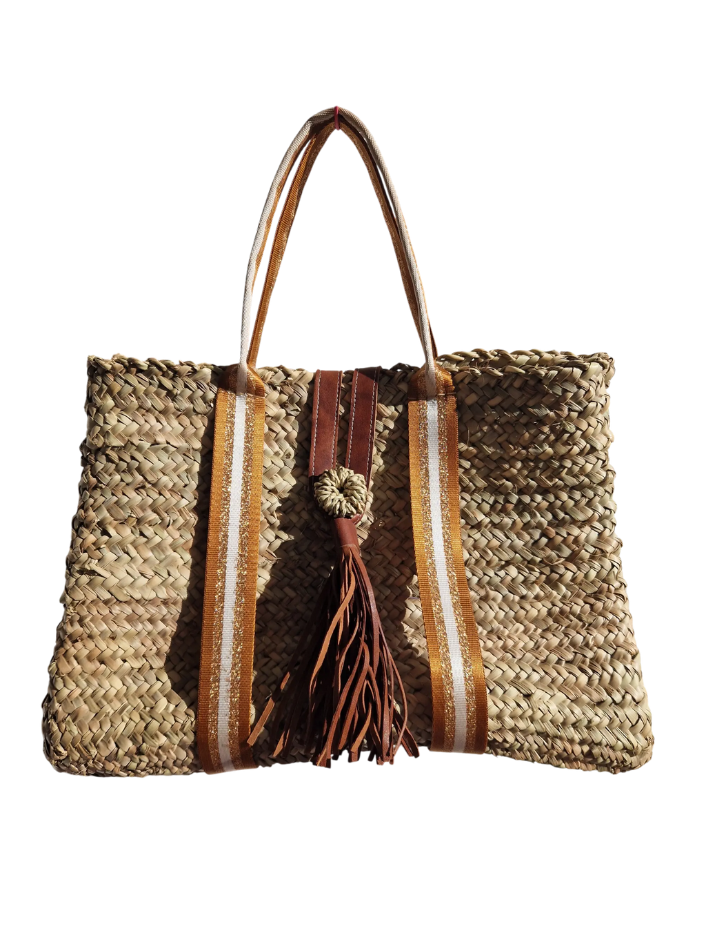 Sac Cabas en Palmier – Sangles Rouille Or Blanc & Pompon Cuir