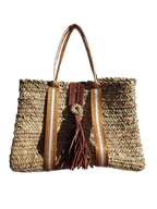 Sac Cabas en Palmier – Sangles Rouille Or Blanc & Pompon Cuir