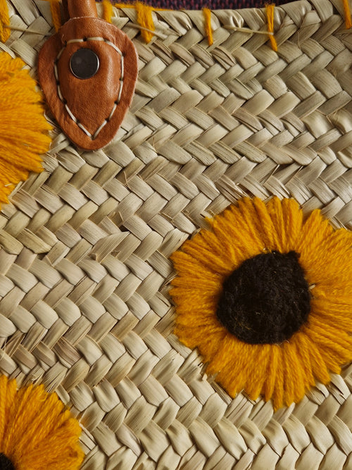 Panier Marocain Artisanal en Palmier – Brodé de Tournesols, fait main