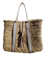 Sac Cabas en Palmier – Sangles beige argent et Blanc & Pompon Cuir, tressé à la main, pour un style chic bohème, artisanat marocain
