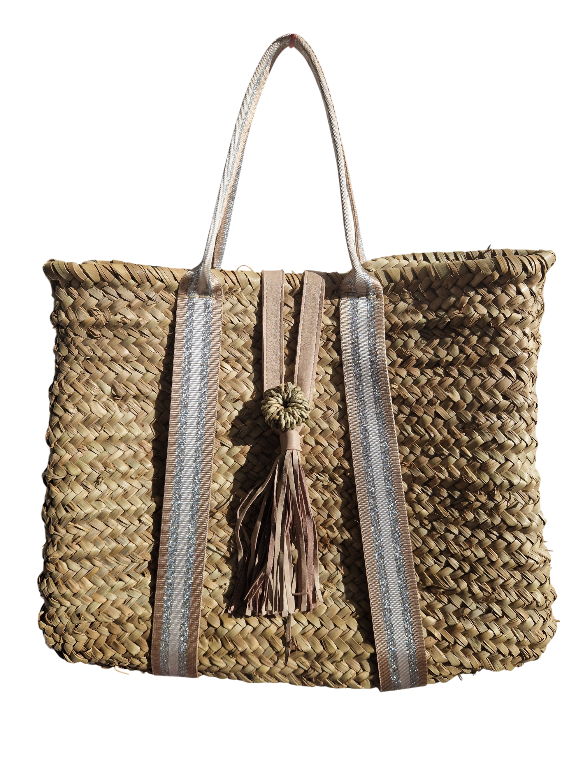 Sac Cabas en Palmier – Sangles beige argent et Blanc & Pompon Cuir, tressé à la main, pour un style chic bohème, artisanat marocain
