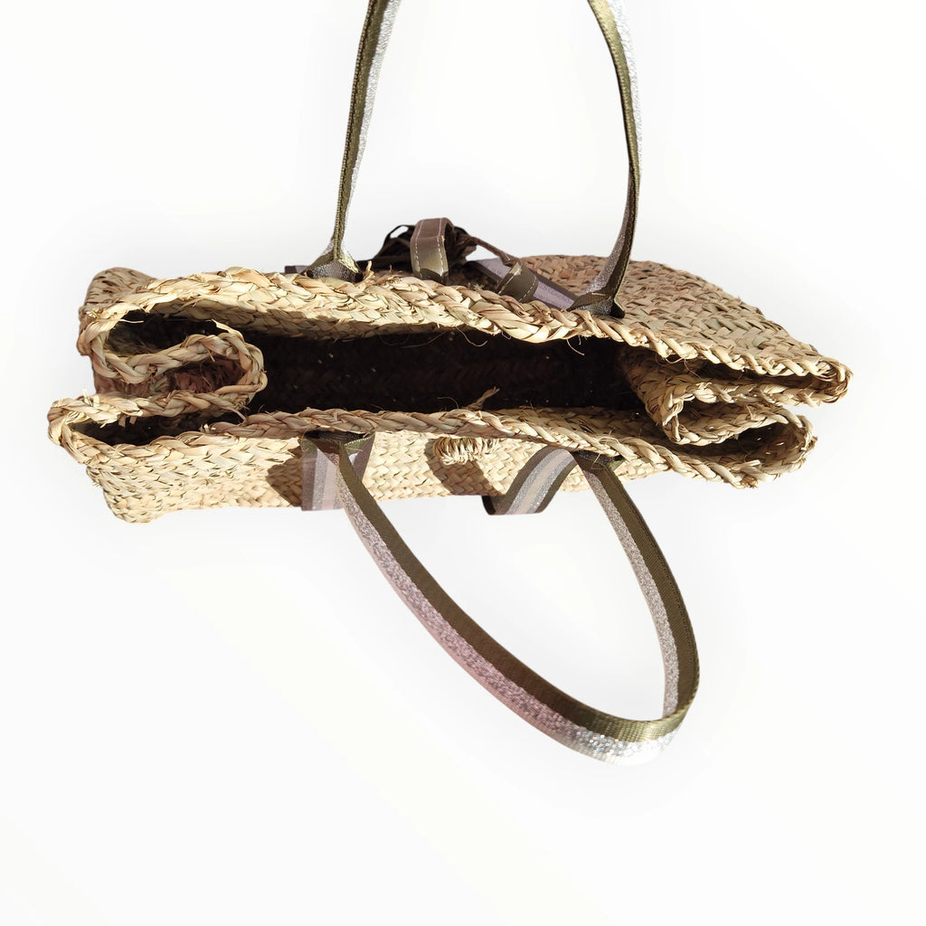 Sac Cabas en Feuille de Palmier – Sangles Rayées Kaki, Argent et Blanc, l'élégance fait main, artisanat marocain