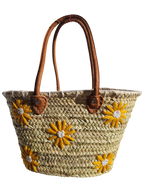 panier cabas artisanal en feuille de palmier brodé de fleurs jaunes, fait main, artisanat marocain