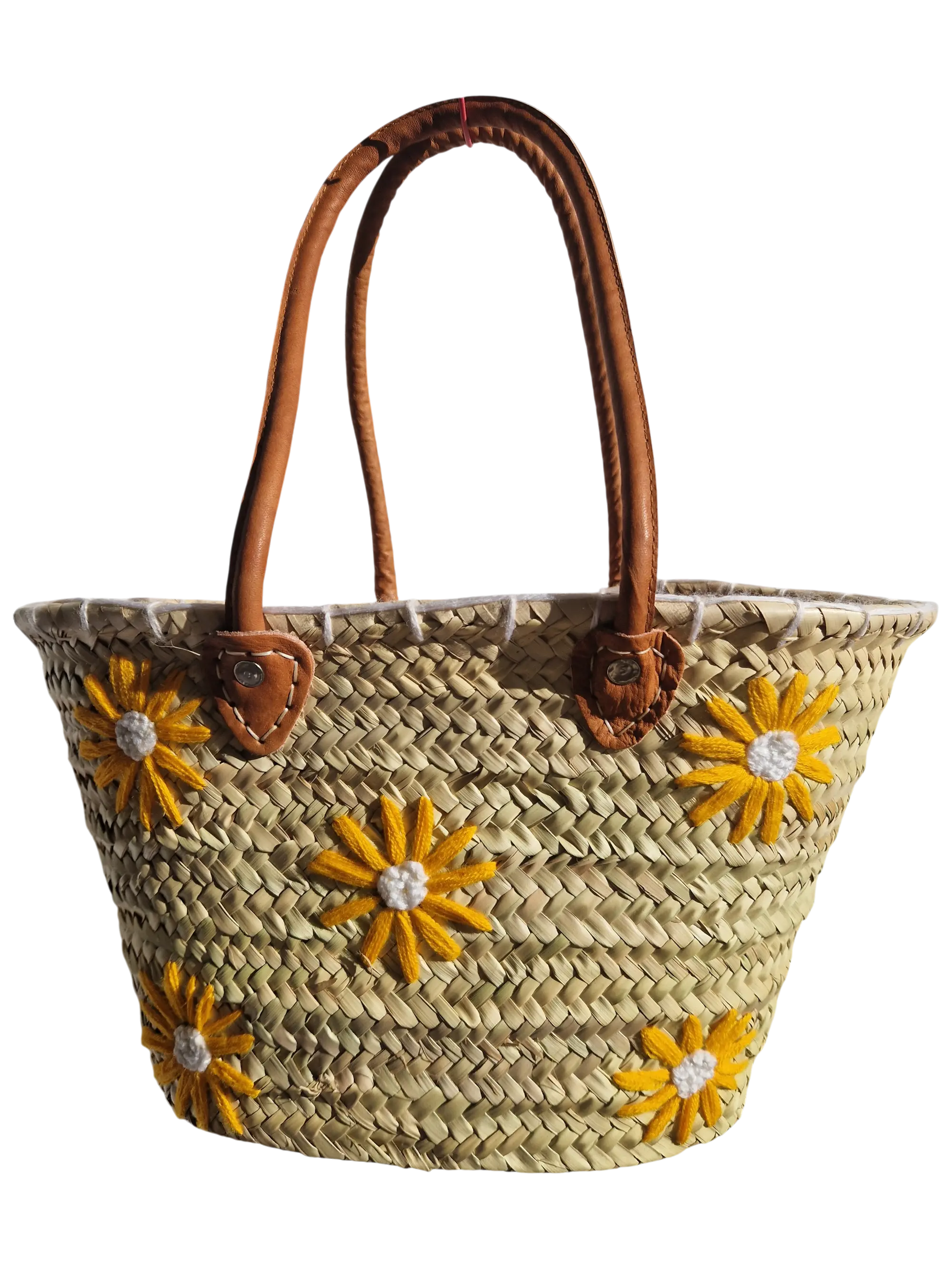 panier cabas artisanal en feuille de palmier brodé de fleurs jaunes, fait main, artisanat marocain