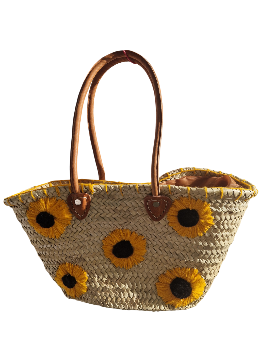 Panier Marocain Artisanal en Palmier – Brodé de Tournesols, fait main