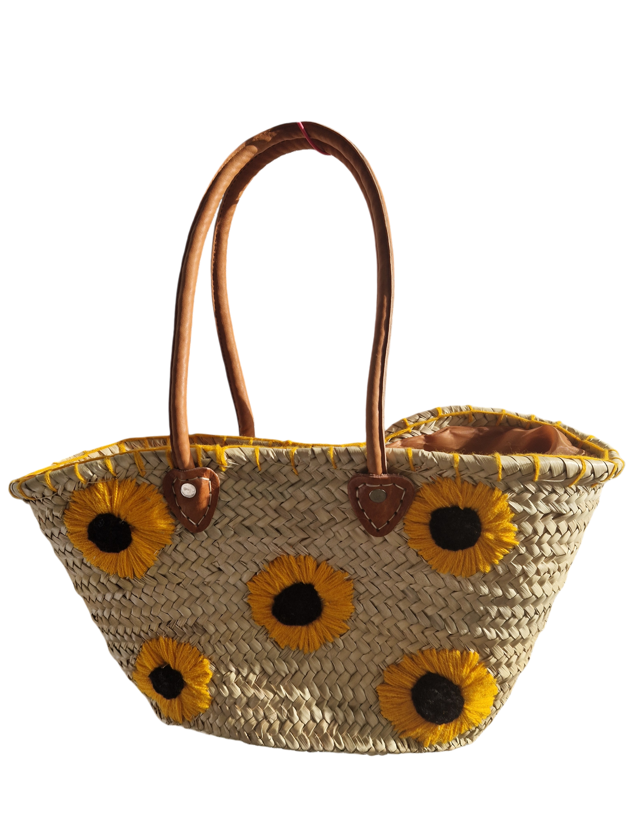 Panier Marocain Artisanal en Palmier – Brodé de Tournesols, fait main