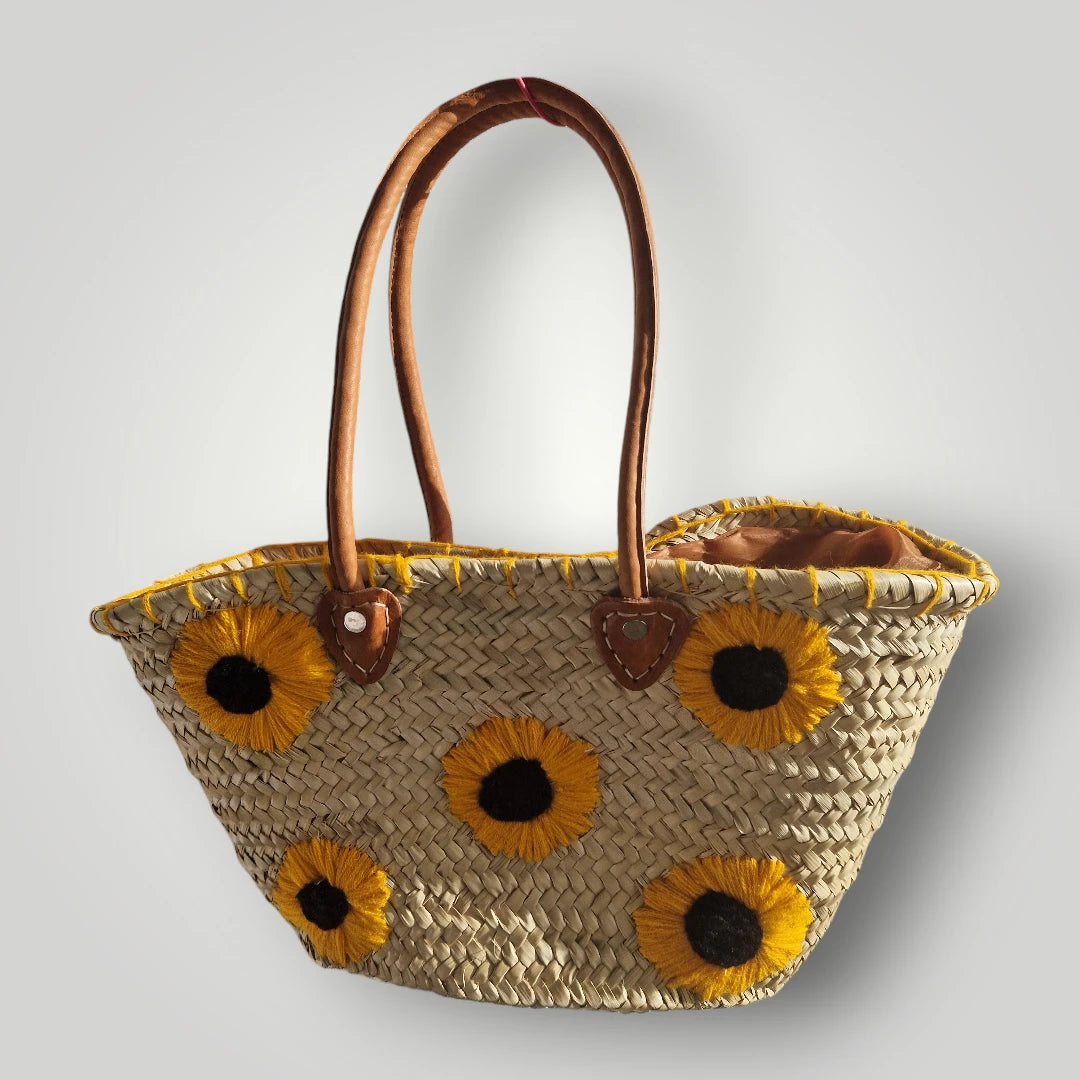 Panier Marocain Artisanal en Palmier – Brodé de Tournesols, fait main