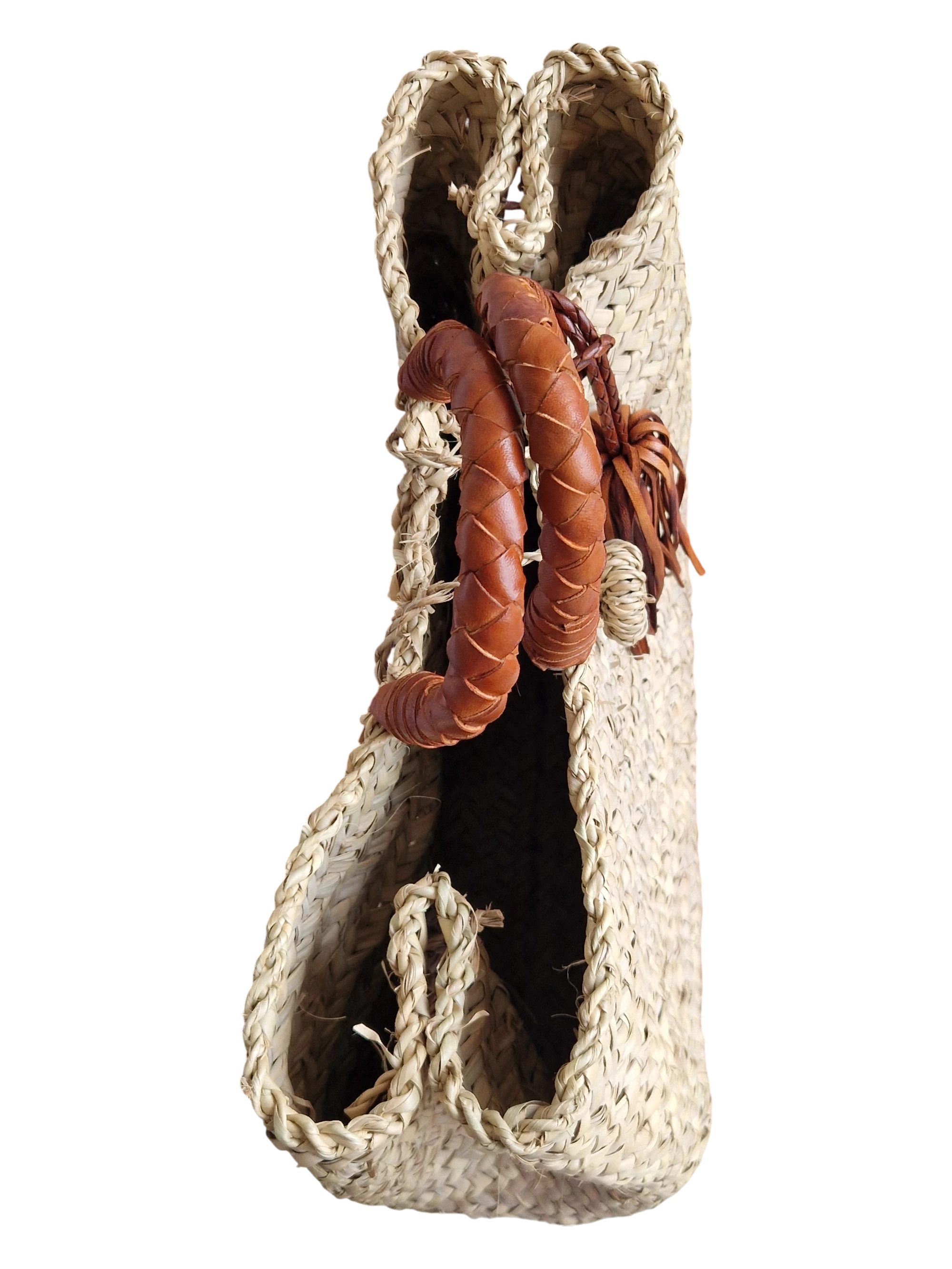 Sac marocain tressé à la main en feuille de palmier avec poignée et pompon décoratif en cuir, l'élégance bohème chic, pour la ville, les loisirs, les vacances