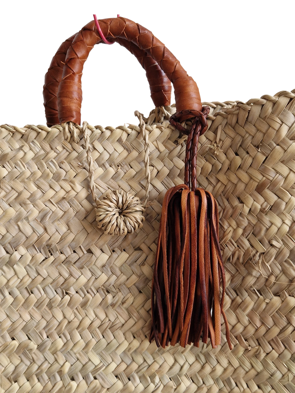 Sac marocain tressé à la main en feuille de palmier avec poignée et pompon décoratif en cuir, l'élégance bohème chic, pour la ville, les loisirs, les vacances