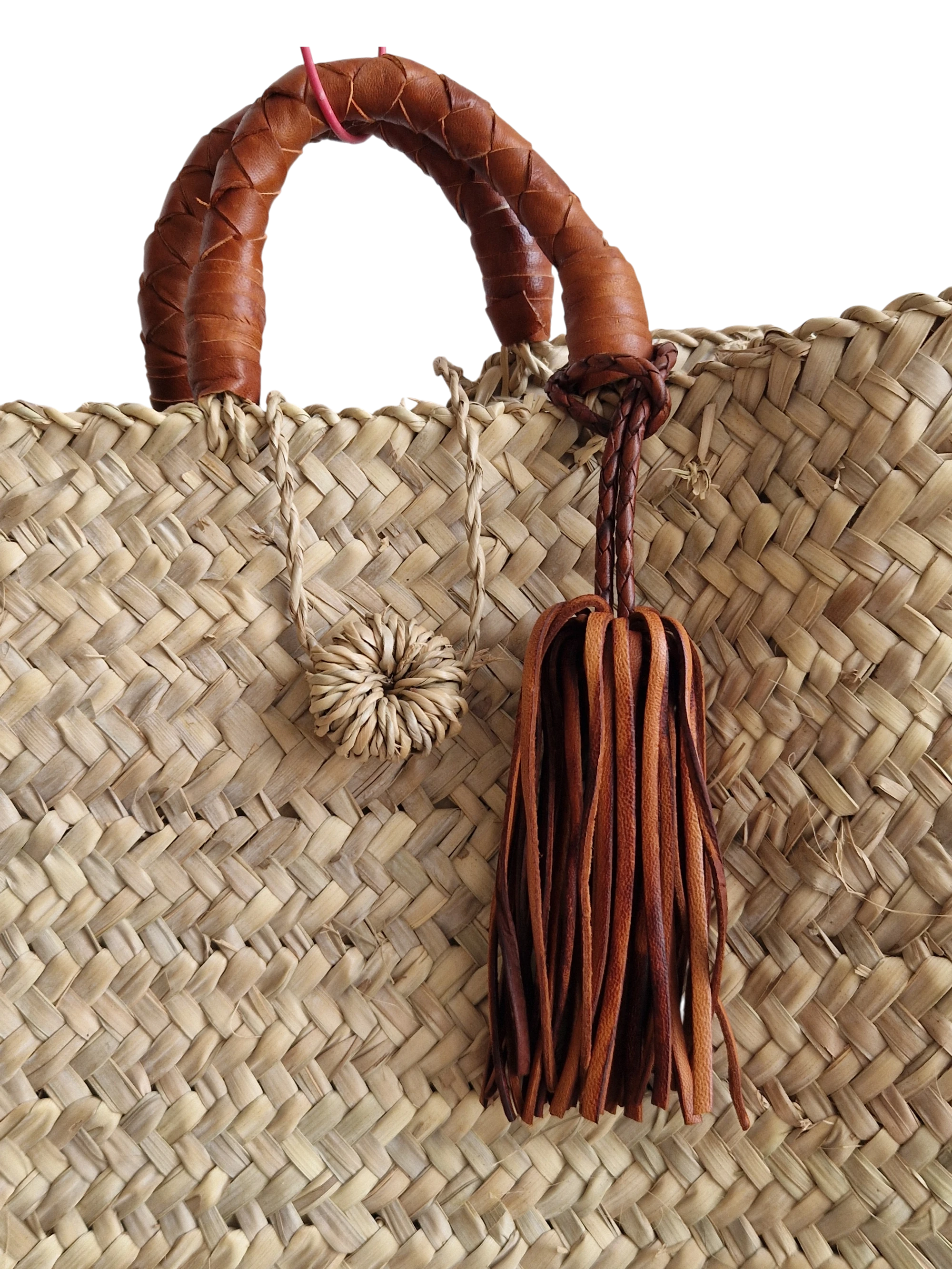 Sac marocain tressé à la main en feuille de palmier avec poignée et pompon décoratif en cuir, l'élégance bohème chic, pour la ville, les loisirs, les vacances