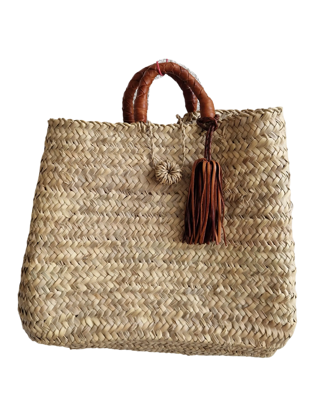Sac marocain tressé à la main en feuille de palmier avec poignée et pompon décoratif en cuir, l'élégance bohème chic, pour la ville, les loisirs, les vacances