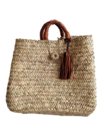 Sac marocain tressé à la main en feuille de palmier avec poignée et pompon décoratif en cuir, l'élégance bohème chic, pour la ville, les loisirs, les vacances