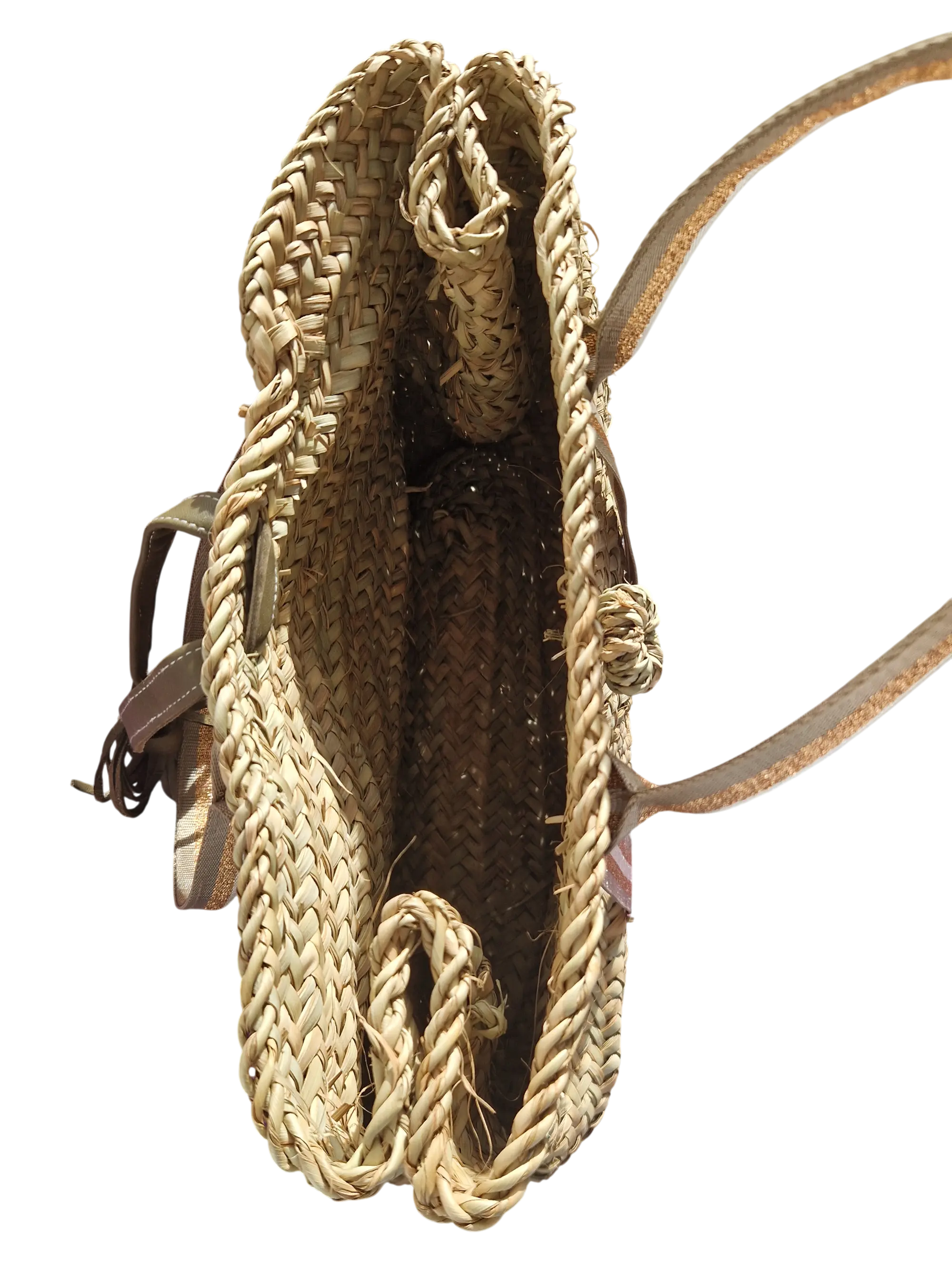 Sac Panier Artisanal avec Sangle Tissu kaki et or et Fermeture Cuir