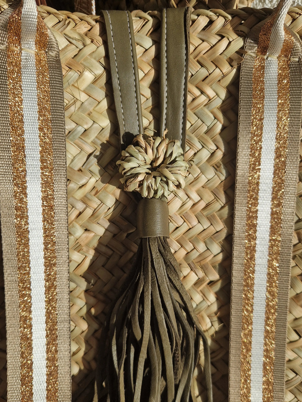 Sac Panier Artisanal avec Sangle Tissu kaki et or et Fermeture Cuir