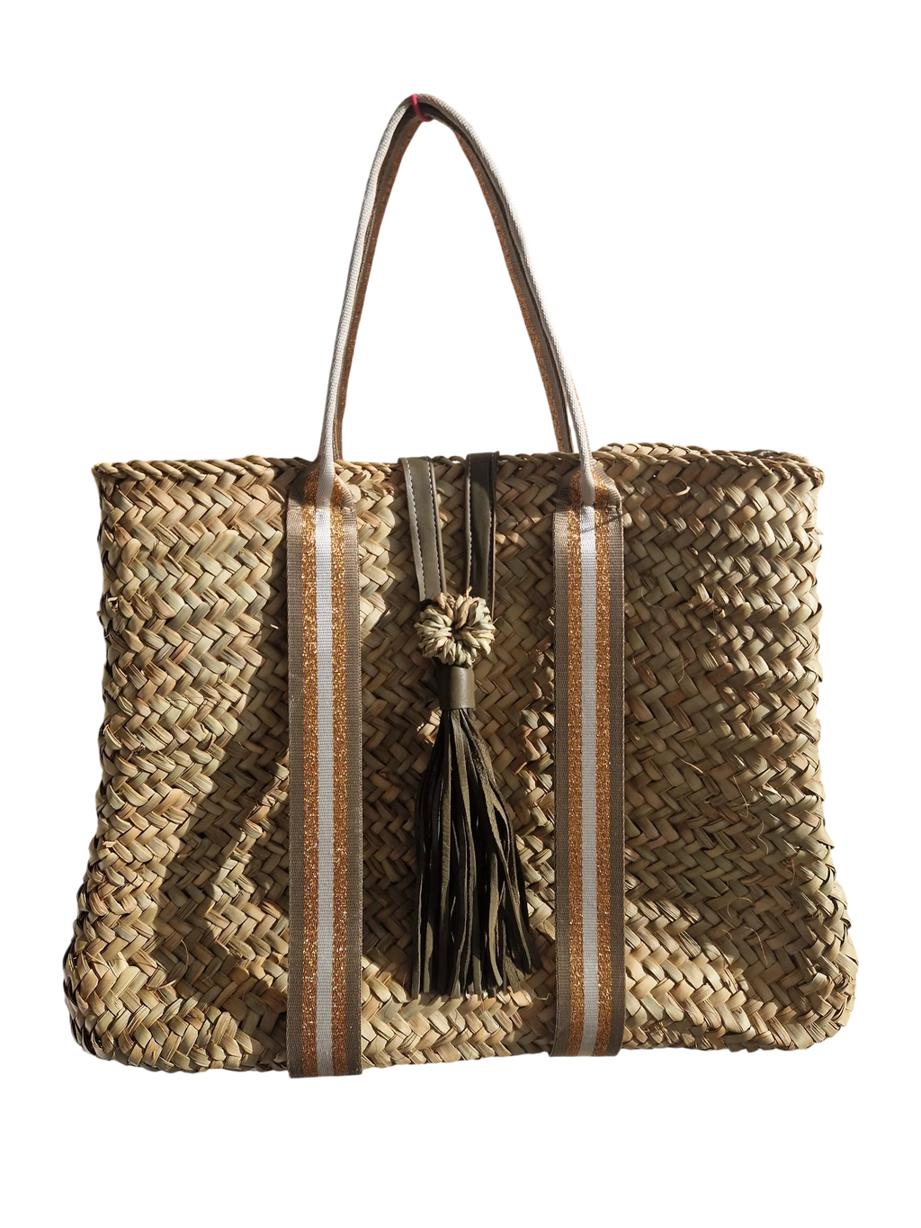 Sac Panier Artisanal avec Sangle Tissu kaki et or et Fermeture Cuir