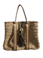 Sac Panier Artisanal avec Sangle Tissu kaki et or et Fermeture Cuir