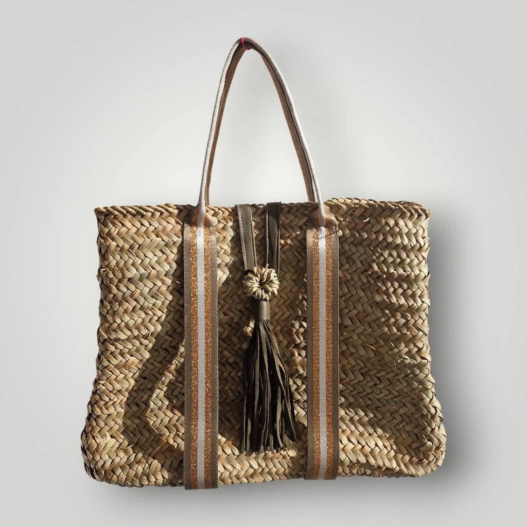 Sac Panier Artisanal avec Sangle Tissu kaki et or et Fermeture Cuir