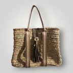 Sac Panier Artisanal avec Sangle Tissu kaki et or et Fermeture Cuir