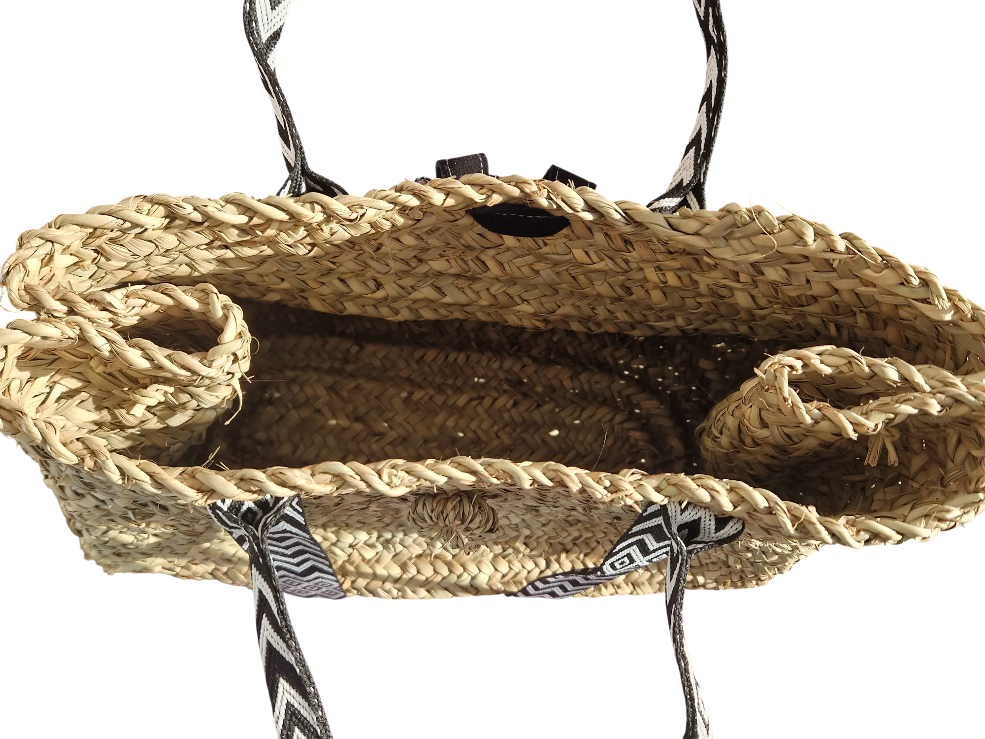 Sac Cabas Brut en Palmier – Sangles Noir et Blanc, Pompon