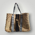 Sac Cabas Brut en Palmier – Sangles Noir et Blanc, Pompon