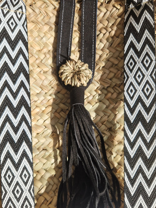 Sac Cabas Brut en Palmier – Sangles Noir et Blanc, Pompon