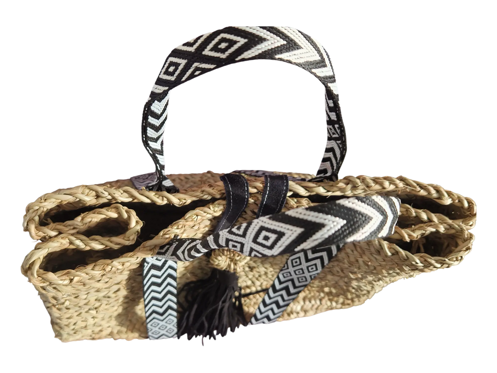 Sac Cabas Brut en Palmier – Sangles Noir et Blanc, Pompon