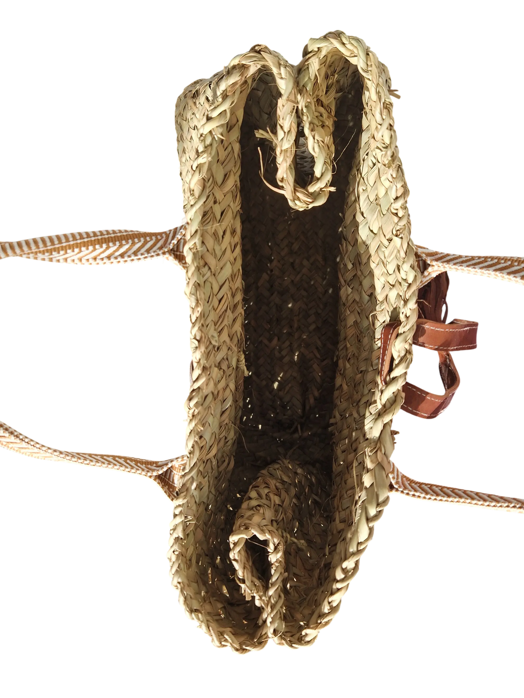 Sac Cabas Panier en feuille de Palmier – Sangle Tissu et Pompon Cuir, un panier marocain artisanale, élégant et fonctionnel, qui combine authenticité, confort et style bohème chic.