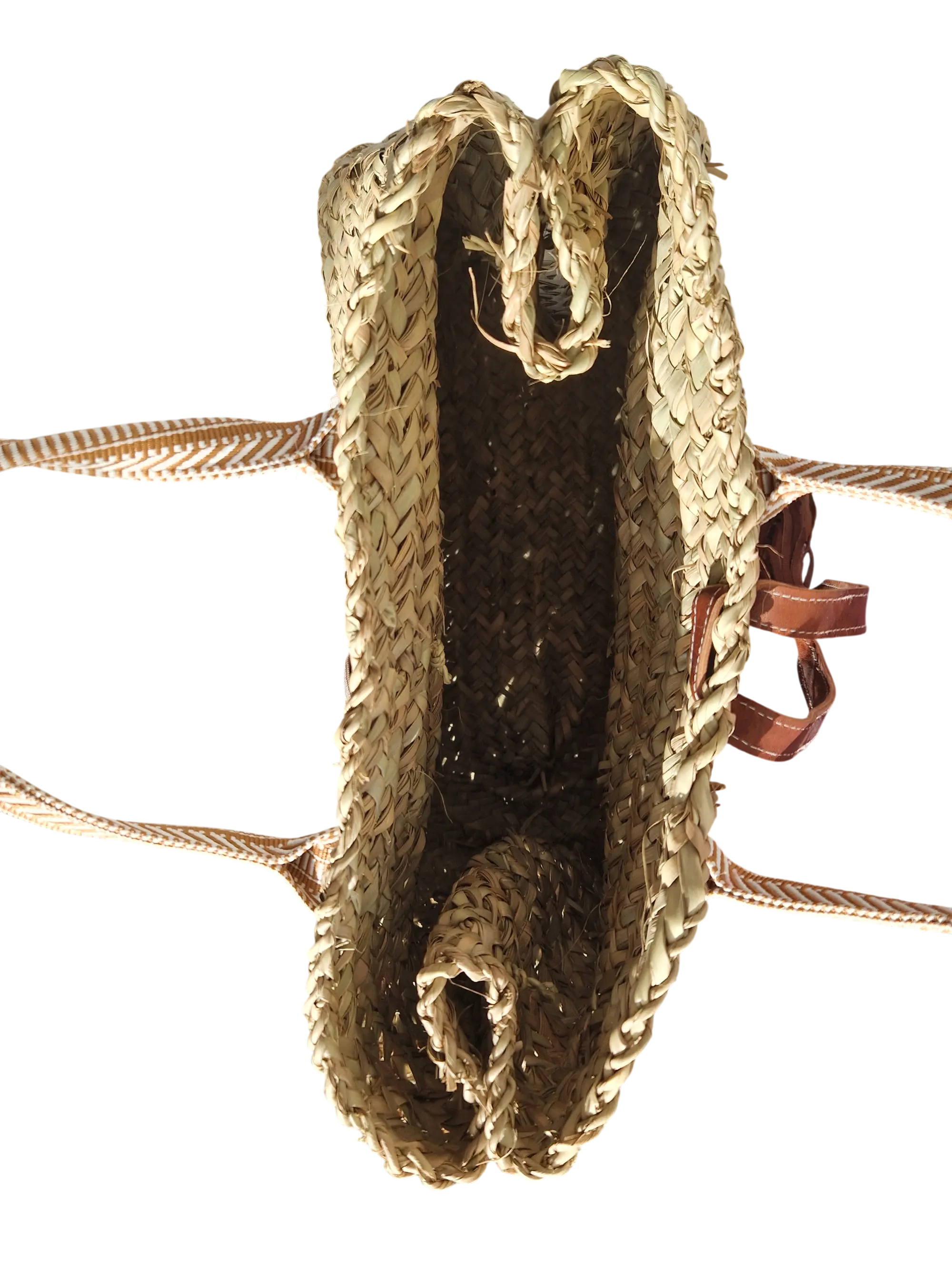 Sac Cabas Panier en feuille de Palmier – Sangle Tissu et Pompon Cuir, un panier marocain artisanale, élégant et fonctionnel, qui combine authenticité, confort et style bohème chic.