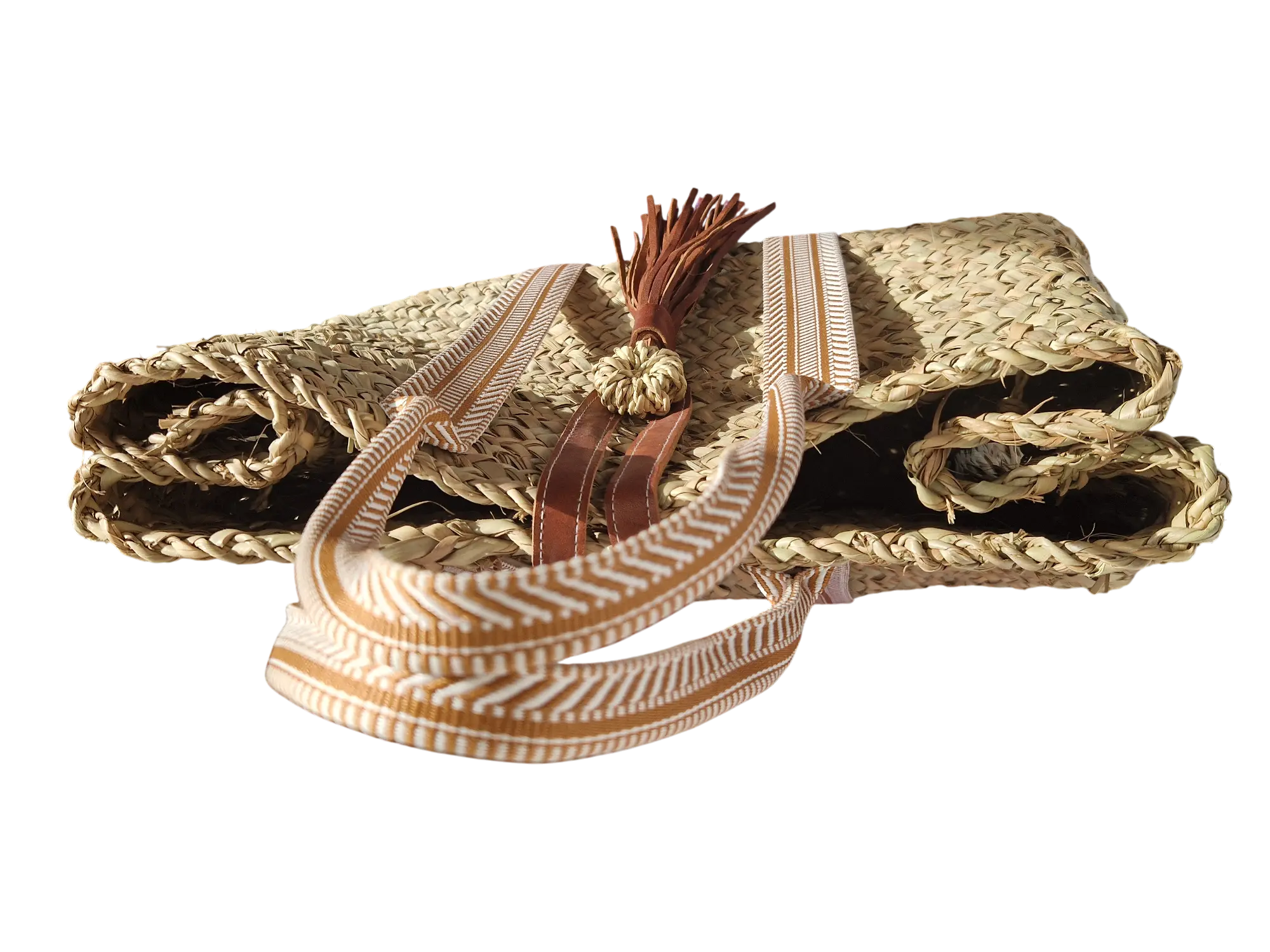 Sac Cabas Panier en feuille de Palmier – Sangle Tissu et Pompon Cuir, un panier marocain artisanale, élégant et fonctionnel, qui combine authenticité, confort et style bohème chic.