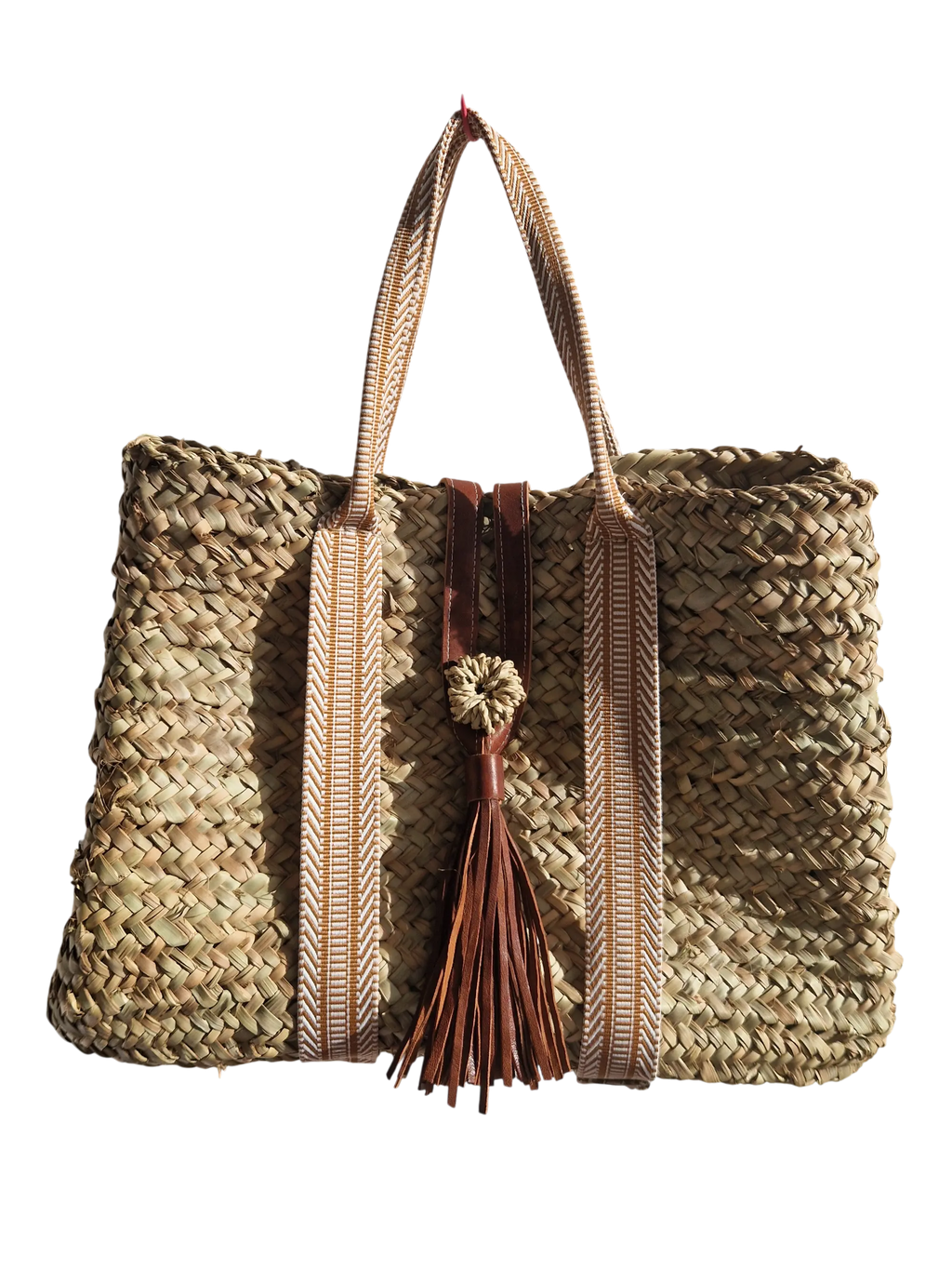 Sac Cabas Panier en feuille de Palmier – Sangle Tissu et Pompon Cuir, un panier marocain artisanale, élégant et fonctionnel, qui combine authenticité, confort et style bohème chic.