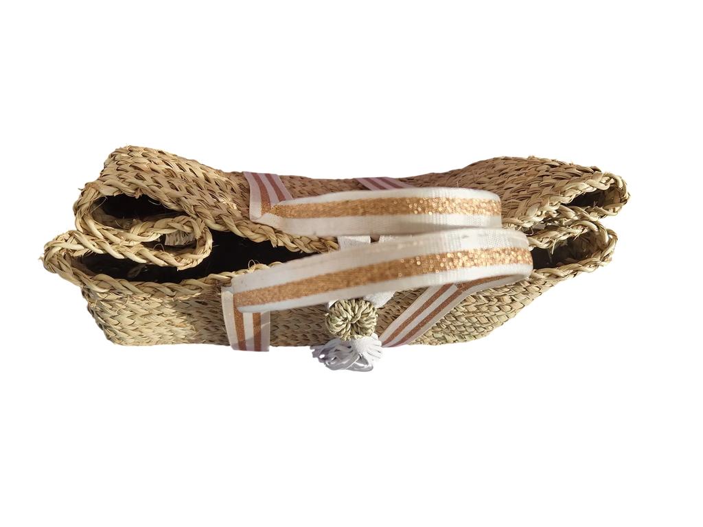 Sac Cabas en feuille de Palmier – Sangles Or et Blanc, Pompon