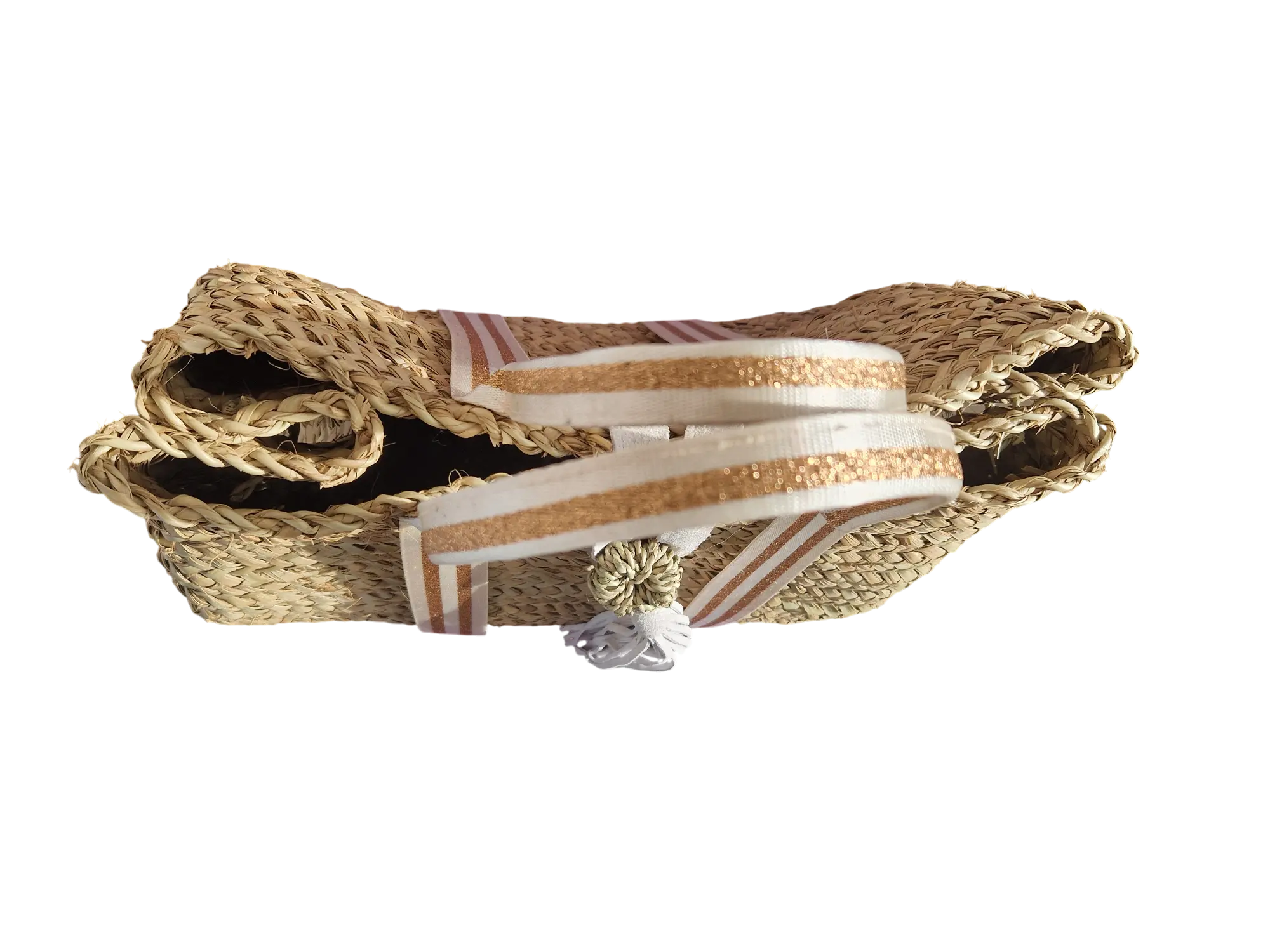 Sac Cabas en feuille de Palmier – Sangles Or et Blanc, Pompon