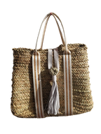 Sac Cabas en feuille de Palmier – Sangles Or et Blanc, Pompon