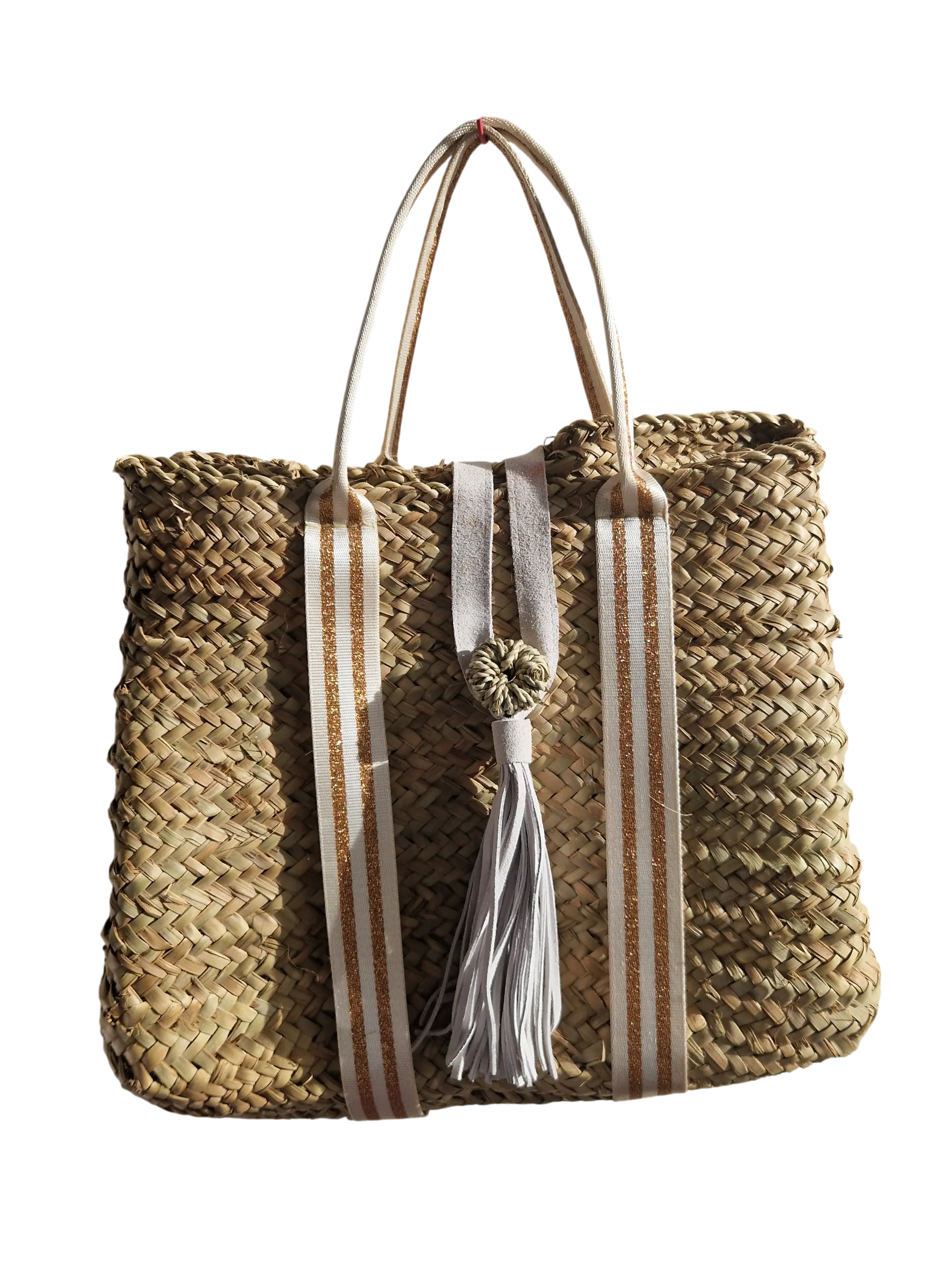 Sac Cabas en feuille de Palmier – Sangles Or et Blanc, Pompon