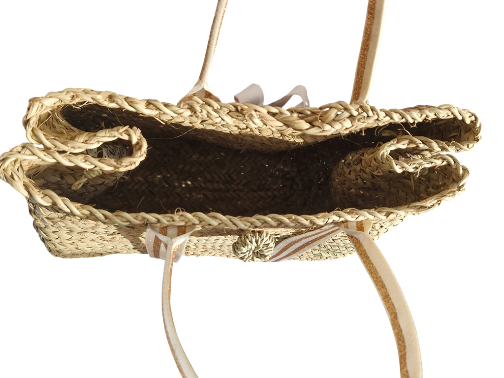 Sac Cabas en feuille de Palmier – Sangles Or et Blanc, Pompon